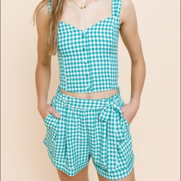 Women gingham blue turquoise green shorts size xsmall - Picture 3 of 11